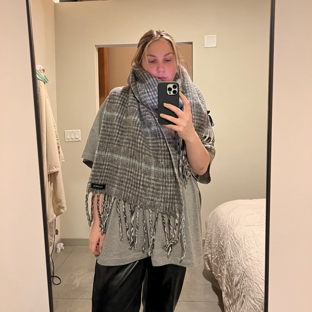 AllSaints Gray Brushed Wool Plaid Blanket Scarf